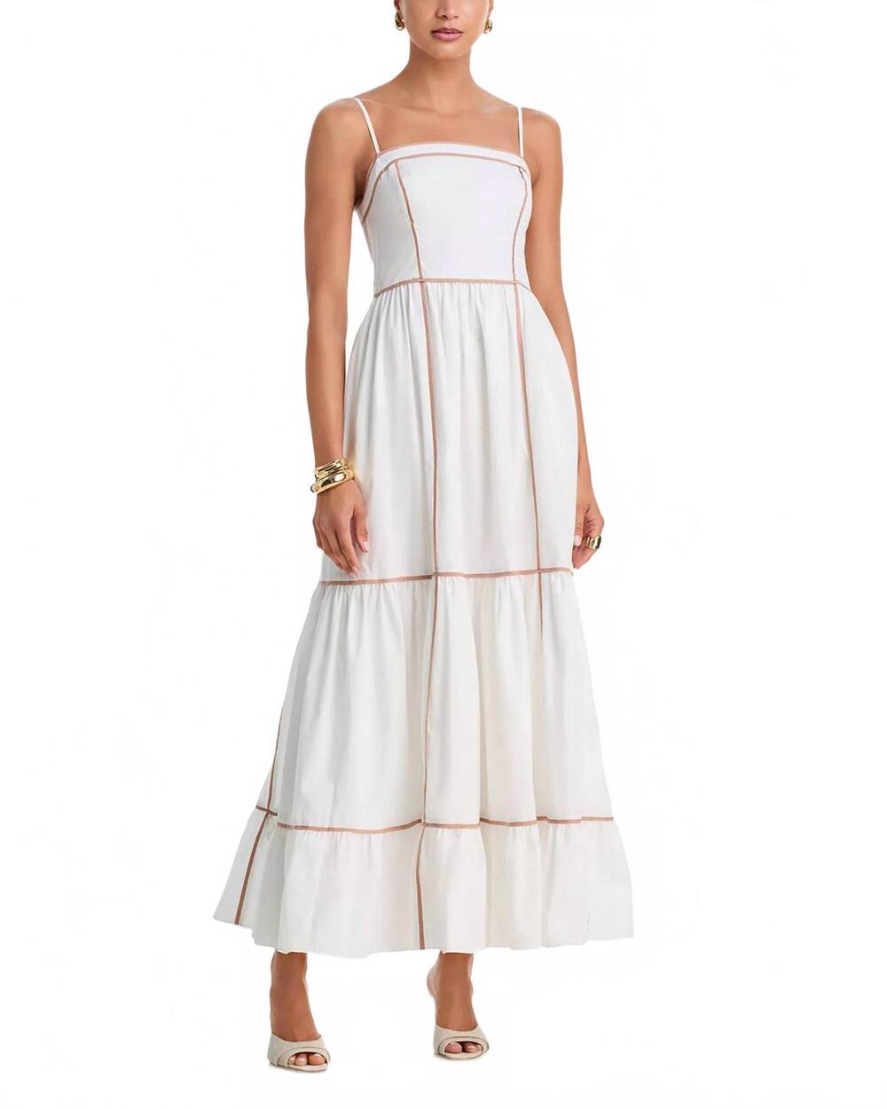 NEW FRENCH CONNECTION cambria contrast trim maxi dress in summer white/almond